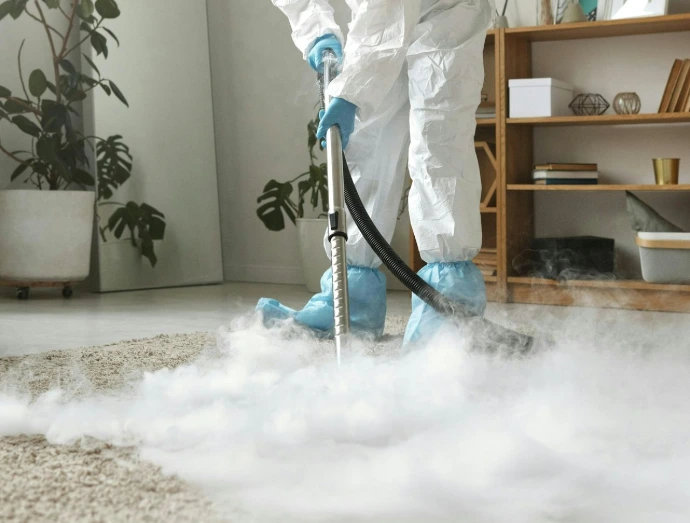 A person in protective suit cleans a carpet.